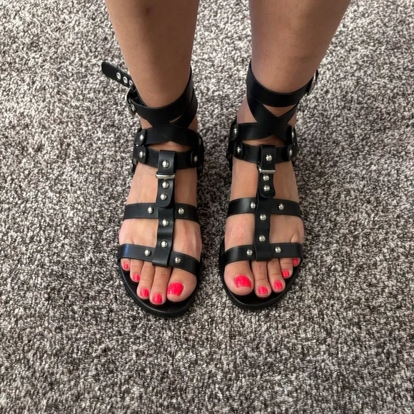 Stuart Weitzman Black Leather Studded Sandals Sz 8 - Picture 1 of 5